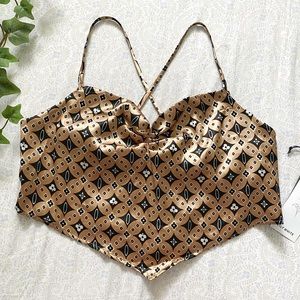 Lily White (juniors) satin laced-back crop top, tan black